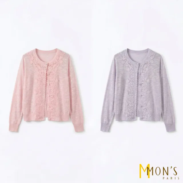 【MON’S】圓領亞麻鏤空勾花蕾絲防曬外套(直)