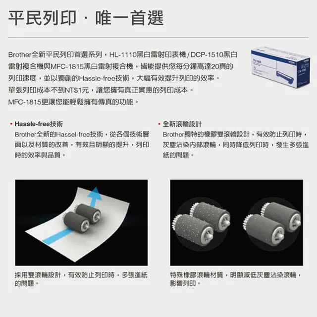 【brother】官方直營 DCP-1510 黑白雷射複合機(無WIFI功能/列印/複印/掃描/耗材:TN-1000/DR-1000)