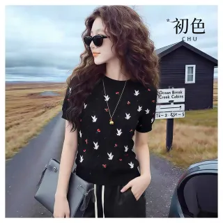 【初色】法式通勤風碎花印花圓領短袖針織衫上衣女上衣-共3色-19572(F可選)