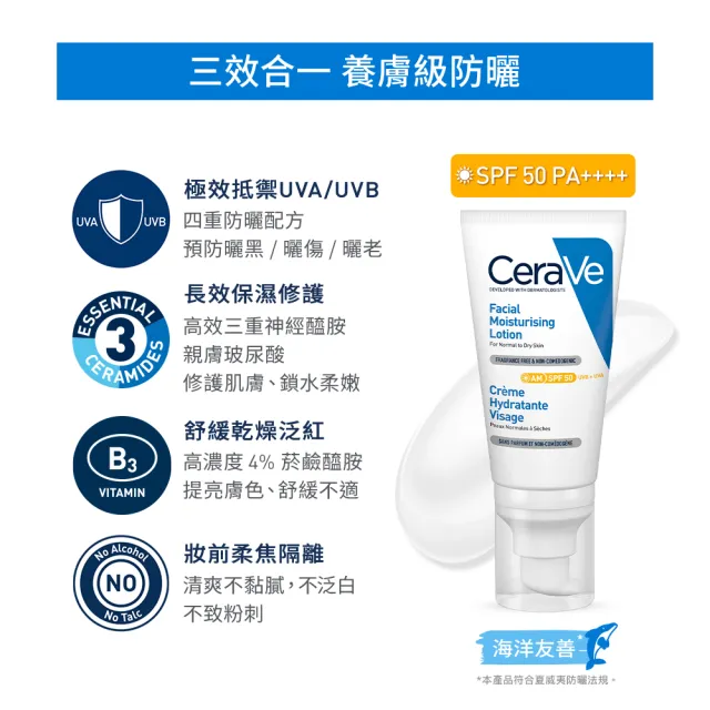 【CeraVe 適樂膚】養膚級防曬雙入組★全效清爽修護防曬乳 SPF50 52ml