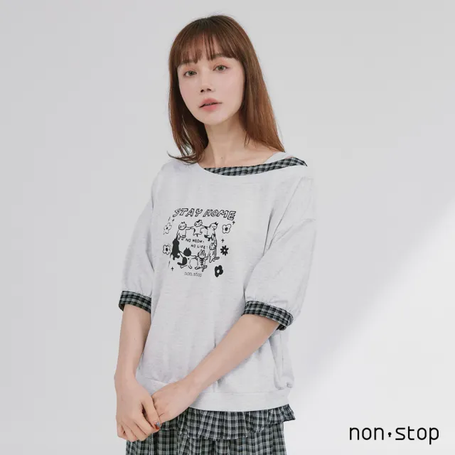 【non-stop】斜肩假兩件格紋拼接T恤-2色