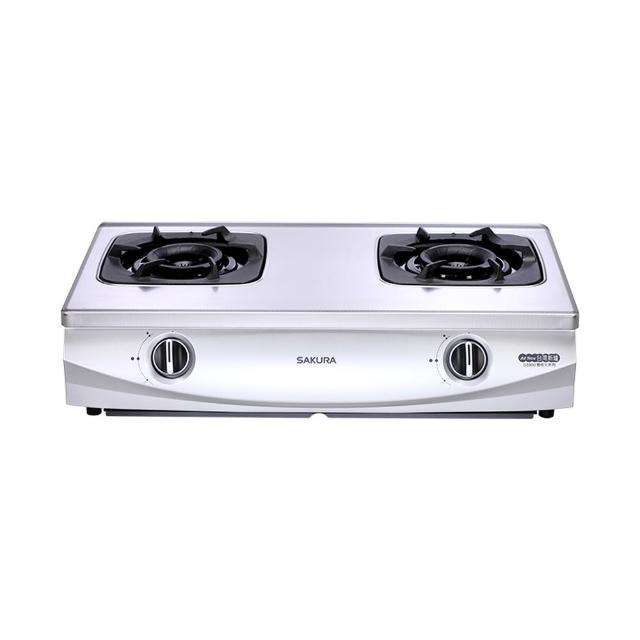  SAKURA櫻花牌 G-5900 雙口瓦斯爐，採用不鏽鋼爐臺與鑄鐵爐頭，具備雙炫火爐頭設計，提供強勁火力達9~10kW。壓電式自動點火，操作簡易安全。尺寸700x400x190mm，適用天然瓦斯(NG1)或液化瓦斯(LPG)，能源效率第一級，BSMI認證R51085，保固1年。標準安裝，適閤家庭廚房使用，提升烹飪效率。 