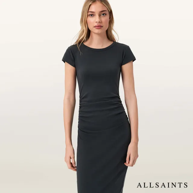 【ALLSAINTS】KATARINA 彈性抽皺開岔長洋裝-灰藍 W386DC(修身版型)
