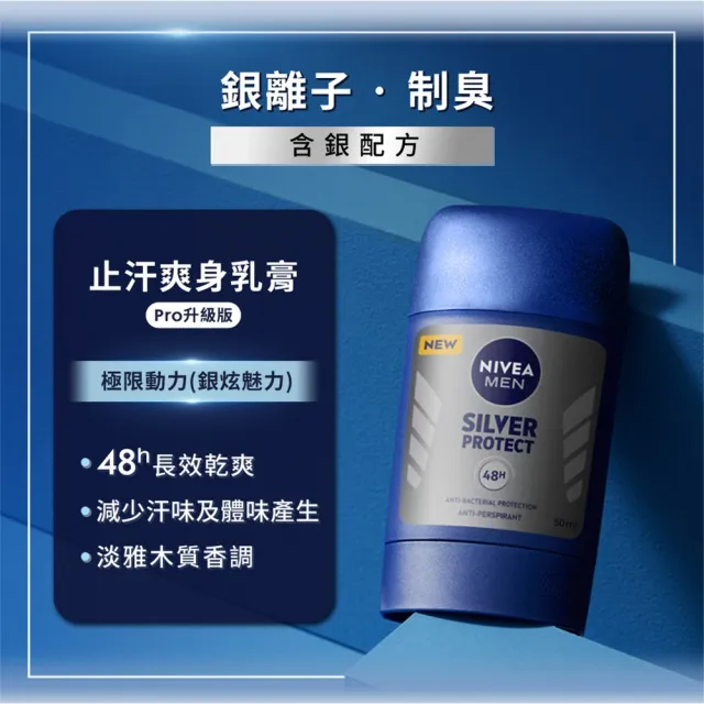 【NIVEA 妮維雅】男士止汗爽身乳膏Pro升級版50mlx4入(乾適活力/極限動力-銀炫魅力)