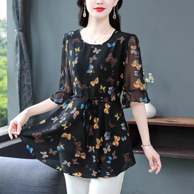 【ALLK 歐楷】新品 印花雪紡上衣 黑色(尺寸L-XXL/中大尺碼/涼爽/透氣)