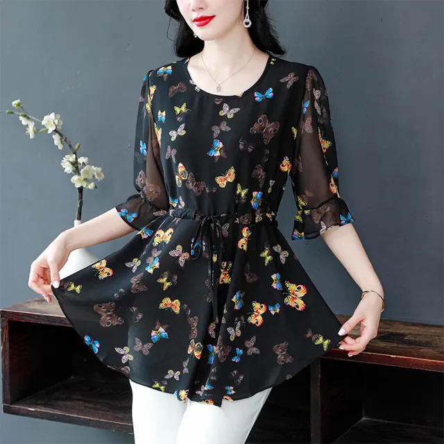【ALLK 歐楷】新品 印花雪紡上衣 黑色(尺寸L-XXL/中大尺碼/涼爽/透氣)（其他規格）