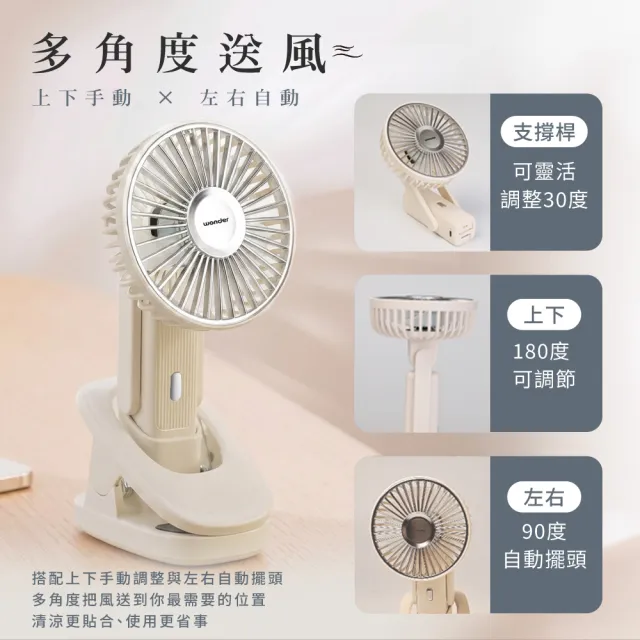 【WONDER 旺德】倒夾掛脖手持左右擺頭多功風扇 WH-FU36 充電 手持 夾扇 桌扇 隨身 嬰兒車 寵物車 掛脖