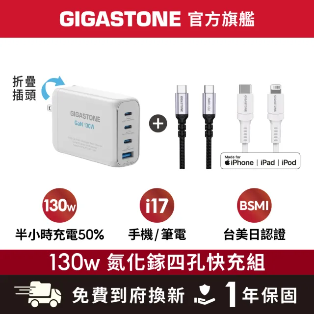 【Gigastone 立達國際】(雙線組)130W GaN氮化鎵四孔充電器 白+TypeC 100W快充線+60W蘋果快充線