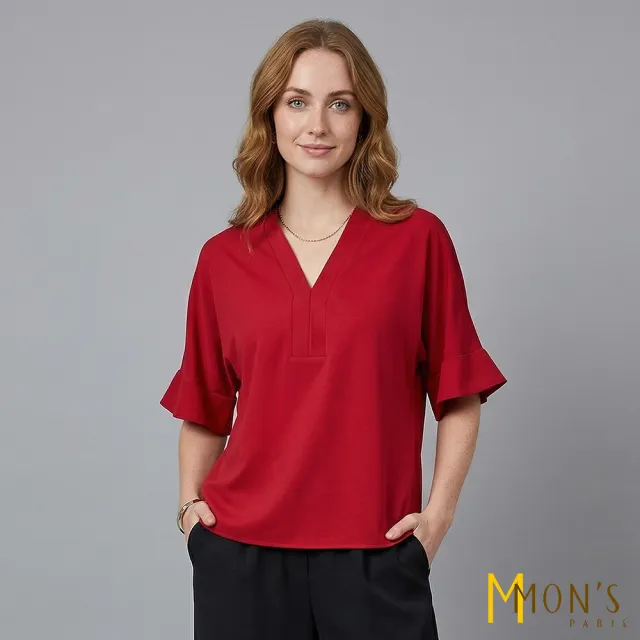 【MON’S】簡約修飾V領上衣(直)
