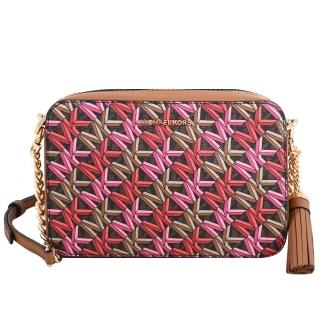 【Michael Kors】滿版MK幾何印花拼接流蘇吊飾方包斜揹包(咖)