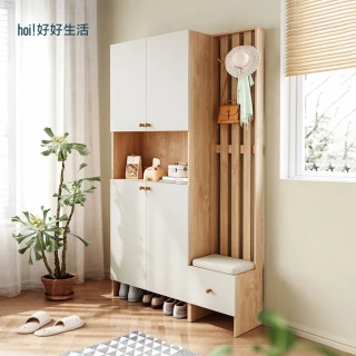 【hoi! 好好生活】Linsy北歐風百搭四門玄關鞋櫃 附穿鞋椅鞋櫃1.2M 原木+白色 LS187