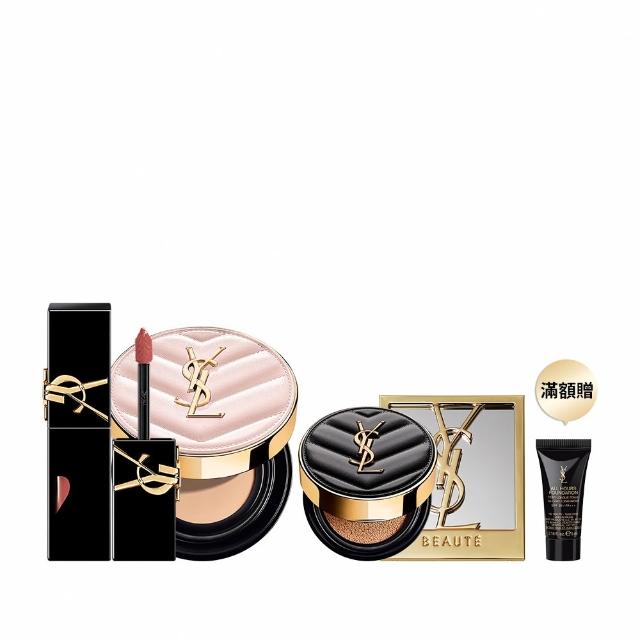 【YSL】官方直營 超模光感鎖心彩妝組(超模光感精華水氣墊+奢華印記鎖心光唇釉)