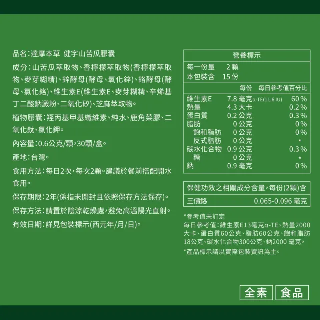 【達摩本草】BmpP穩安健 健字山苦瓜膠囊1入(30顆/盒、台灣第一支 苦瓜健字號 調節血糖、苦瓜保健第一品牌)