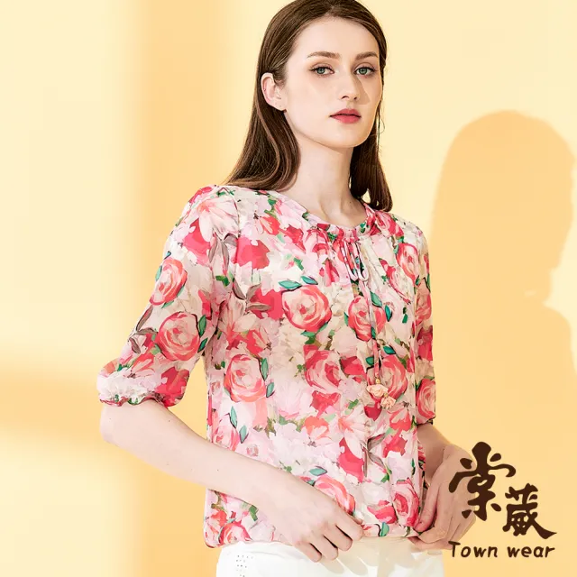 【TOWN’WEAR 棠葳】滿版花卉綁帶雪紡衫(中大尺碼/女上衣/女上著/雪紡/七分袖/透膚)(其他規格)