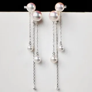 月輝珠寶 18K白金耳環 4-7mm 日本極光 Akoya 天然海水珍珠 汀蘭系列 耳飾 中長款流蘇設計 氣質穿搭