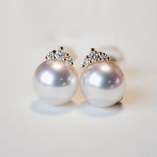 月輝珠寶 18K金 7.5-7.7mm 日本高品質 Akoya 天然珍珠 耳釘 小皇冠系列 鑲嵌天然鑽石 優雅百搭