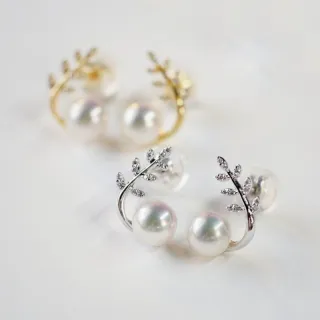月輝珠寶 18K金 6-6.5mm 日本高品質 Akoya 天然海水珍珠 耳環 繁枝系列 耳釘 鑲鑽設計 氣質耳飾