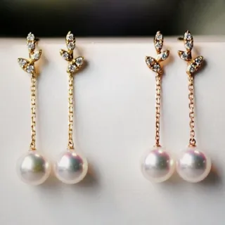 月輝珠寶 18K金 6.5-7mm 日本天然 Akoya 海水珍珠 耳環 葉子系列 垂墜耳釘 天然鑽石點綴 氣質百搭