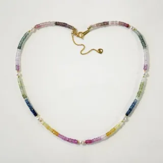 月輝珠寶 天然彩色藍寶石 3-4mm 日本 Akoya 海水珍珠 18K金項鍊 37+5cm 可調節設計 防過敏材質