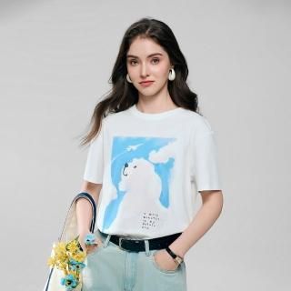 【GIORDANO 佐丹奴】女裝Sorona彈力雪白小狗印花短袖上衣(02 皎白)