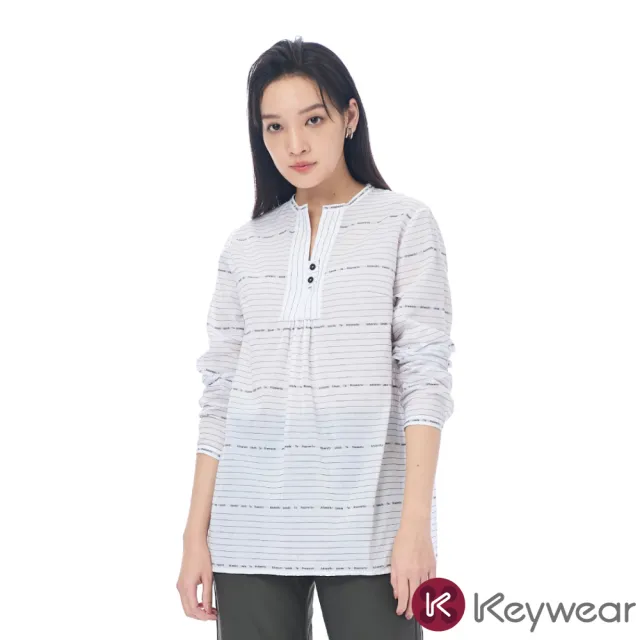 【KeyWear 奇威名品】圓領開襟條紋設計長袖上衣