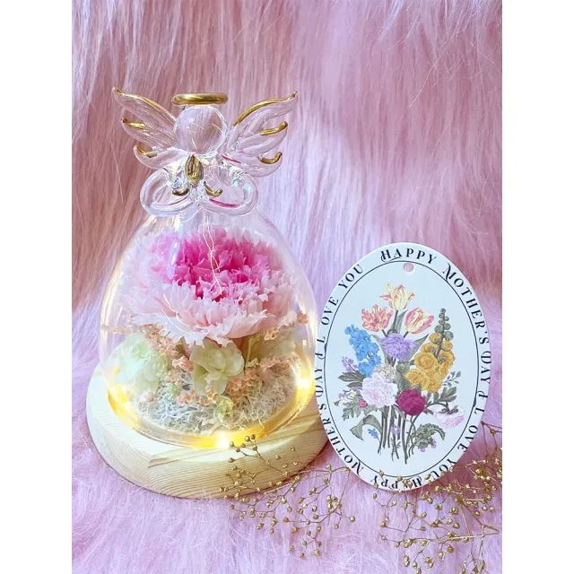 【OSTARA FLORIST 奧斯塔拉花藝】金天使玻璃罩燈座(永生花、母親節花禮、雙色康乃馨)