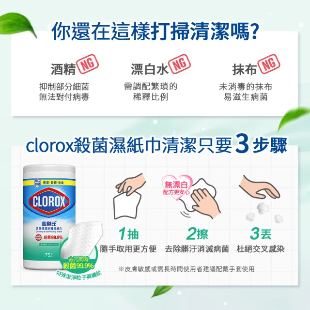 【Clorox高樂氏】居家清潔殺菌濕紙巾75片x6-清新香/檸檬香(廚房去汙/環境消毒/消滅流感腸菌病毒/無酒精)