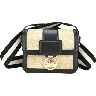 【LONGCHAMP】Box-Trot 草編拼牛皮肩 斜背包-S 黑色