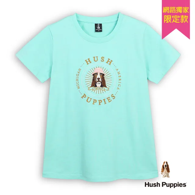 【Hush Puppies】女裝 T恤 經典漁夫帽狗圓章T恤 (藍綠 / 63211901)