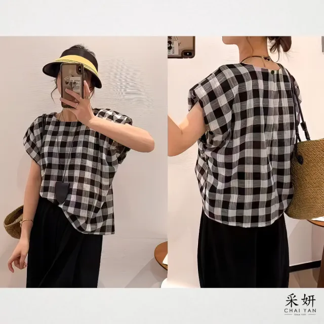 【CHAI YAN 采妍】背岔黑白格連肩棉麻短袖上衣(春夏新款-65-78公斤可穿)
