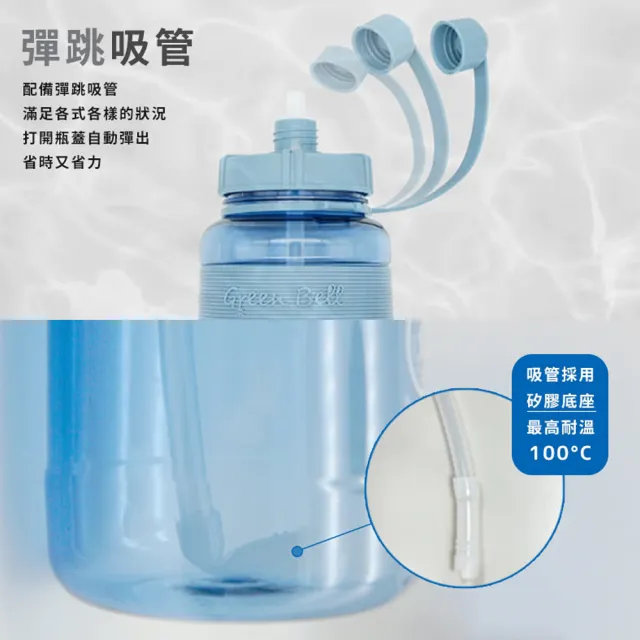 【GREEN BELL 綠貝】彈跳吸管運動太空水壺-附背帶1500ml3入組(耐摔 寬口 大容量 健身 環保 不含BPA)