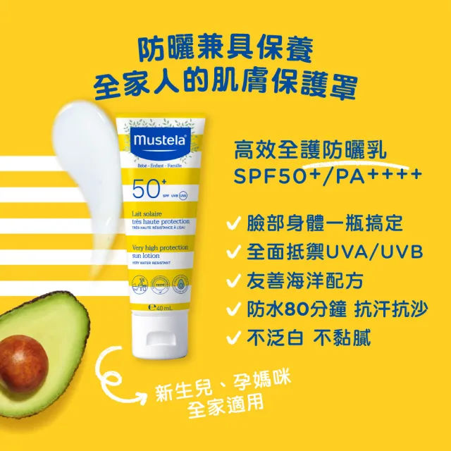 【Mustela 慕之恬廊】高效全護防曬乳SPF50+ 40mlX3(嬰兒/寶寶/兒童防曬 新生兒/孕婦/全家適用)