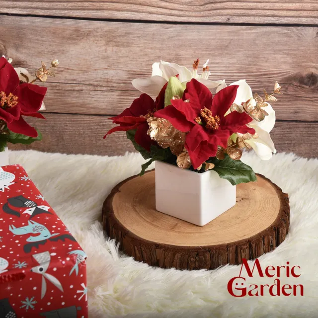 【Meric Garden】高仿真台灣手工限定白雪聖誕紅小盆栽2入組(人造聖誕 聖誕裝飾 聖誕禮盒 交換禮物)