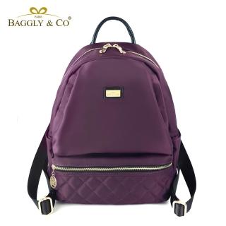 【BAGGLY&CO】大容量多隔層菱格紋真皮尼龍防盜後背包(真皮包包 貴人紫 真皮後背包 輕量尼