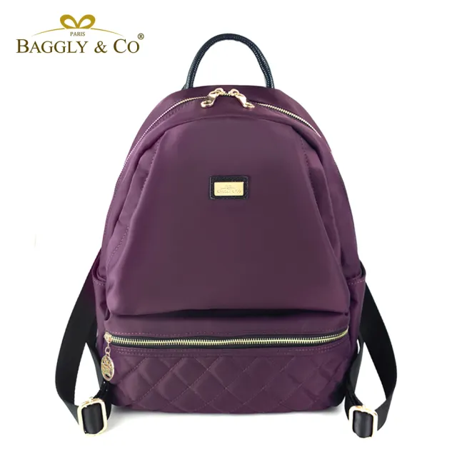 【BAGGLY&CO】雙11 大容量多隔層菱格紋真皮尼龍防盜後背包(真皮包包 貴人紫 真皮後背包 輕量尼