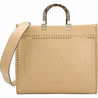 【FENDI 芬迪】Sunshine 大型 字母烙印小牛皮玳瑁提柄編織兩用托特包-淺咖啡色