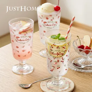 【Just Home】花園系透明玻璃杯3件組285ml-櫻花、櫻桃(水杯 玻璃杯 高腳杯)