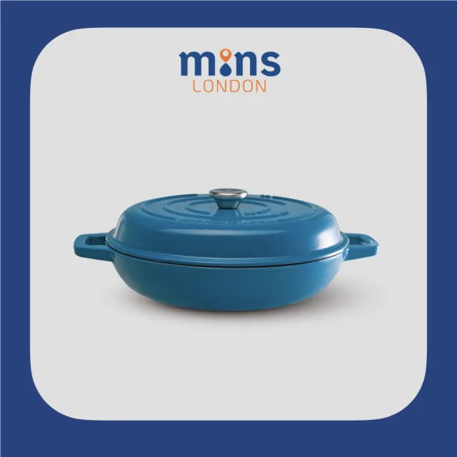 【Mins London】琺瑯鑄鐵鍋淺鍋 30cm（孔雀藍）(平底鍋 炒鍋 IH爐 / 烤箱 / 電爐適用)