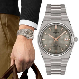 【TISSOT 天梭】PRX系列 復古風酒桶型鈦金機械錶-38mm 送禮 禮物(T1378074406100)