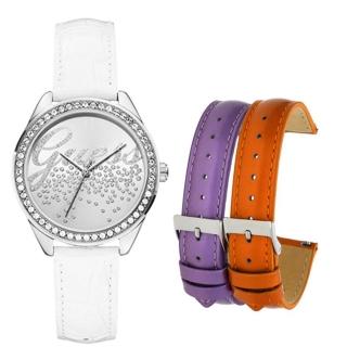 【GUESS】party女孩晶鑽時尚套錶組-銀面白-W0201L1