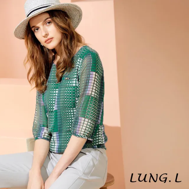 【LUNG.L 林佳樺】LW40A 優雅綠色格紋雪紡七分袖女裝上衣