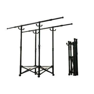 84-144CM家用雙桿可伸縮+網兜+掛鉤掛衣架 折疊晾衣架 臥室陽臺落地式 免打孔曬衣架 掛衣架