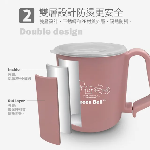 【GREEN BELL 綠貝】304不鏽鋼抗菌兒童杯-附蓋(學習杯 幼童 開學 防燙隔熱 杯柄夾扣 外出 SGS)