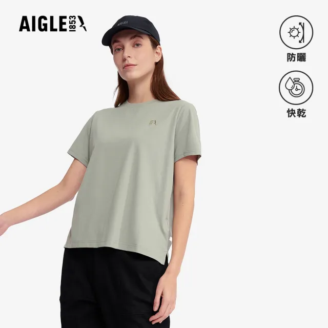 【AIGLE】女 抗UV快乾短袖T恤|AG-5P224A242 鼠尾草綠(女上衣 T恤 快乾 吸濕排汗 短袖T恤 防曬 抗UV)