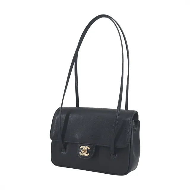 【CHANEL 香奈兒】Preppy coco翻蓋牛皮法棍包(黑/金)