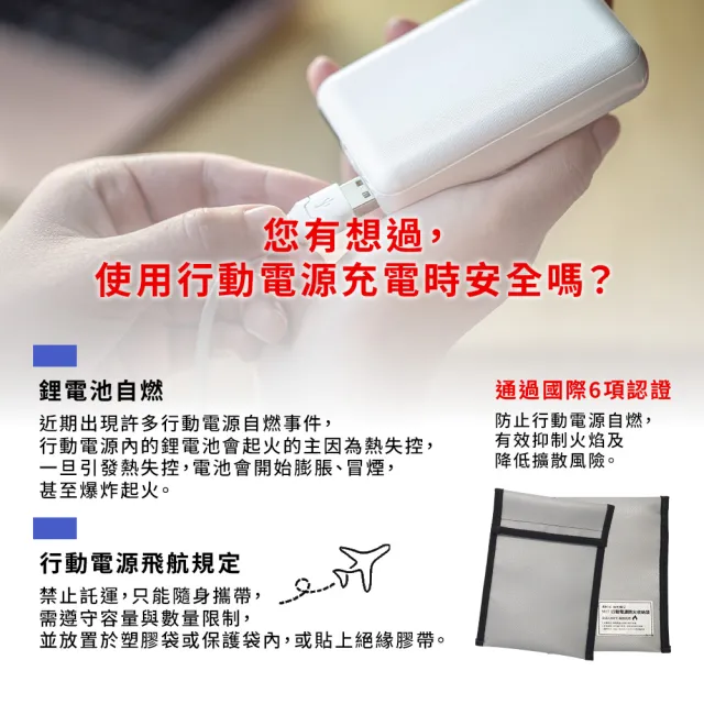 【SKS 新光保全】行動電源防火收納袋(MIT/台灣製/耐高溫/鋰電池/出國/旅行/充電安全/防災包)