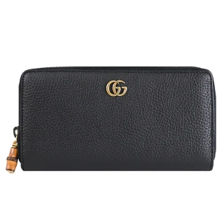 【GUCCI 古馳】Petite GG Marmont 簡約LOGO荔枝皮革竹節發財零錢長夾(黑)