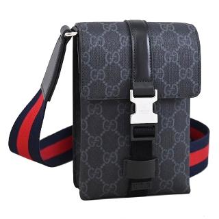 【GUCCI 古馳】GG Supreme 經典雙G印花迷你翻蓋郵差包斜背包(黑灰)