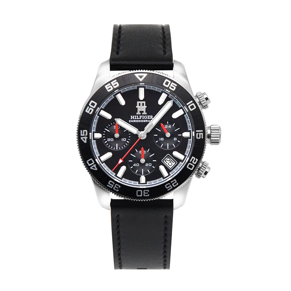 【TOMMY HILFIGER】TH85系列 黑面銀框 三眼計時腕錶 黑色皮革錶帶 手錶 (1792162) - momo購物網 - 好評推薦 ...