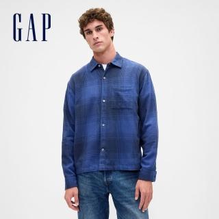 【GAP】寬鬆法蘭絨襯衫-深藍格紋(873122)